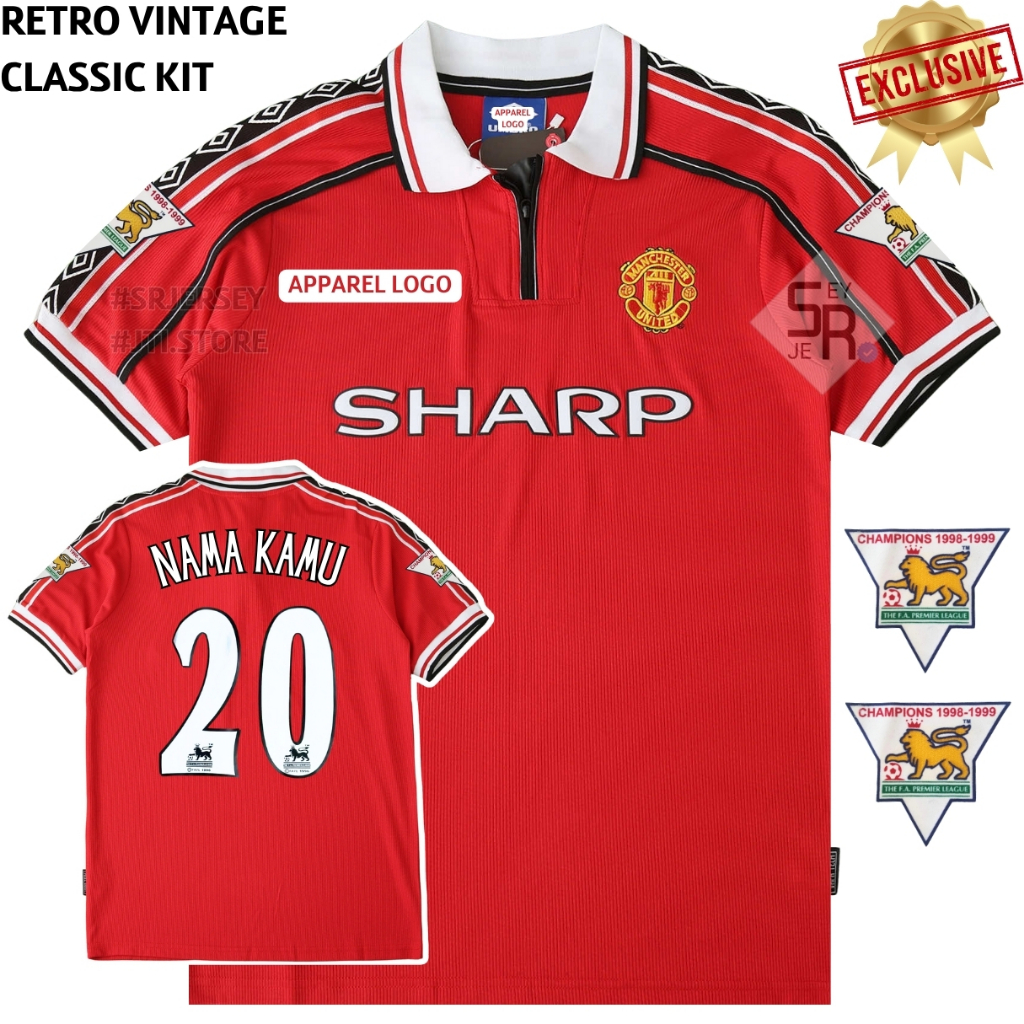Retro Mnchstr Untd 1998 1999 Baju Bola Emyu Sharp Kerah Merah Treble Winner Winners 98 99 Full Patch