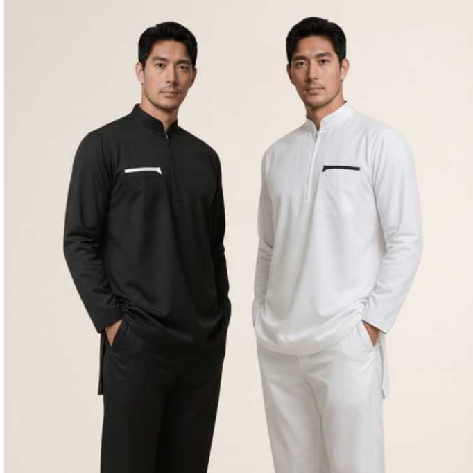 Setelan Koko Kurta Pria Putih + Celana Sirwal – Baju Muslim Pria Elegan Nyaman Adem untuk Sholat, Ng
