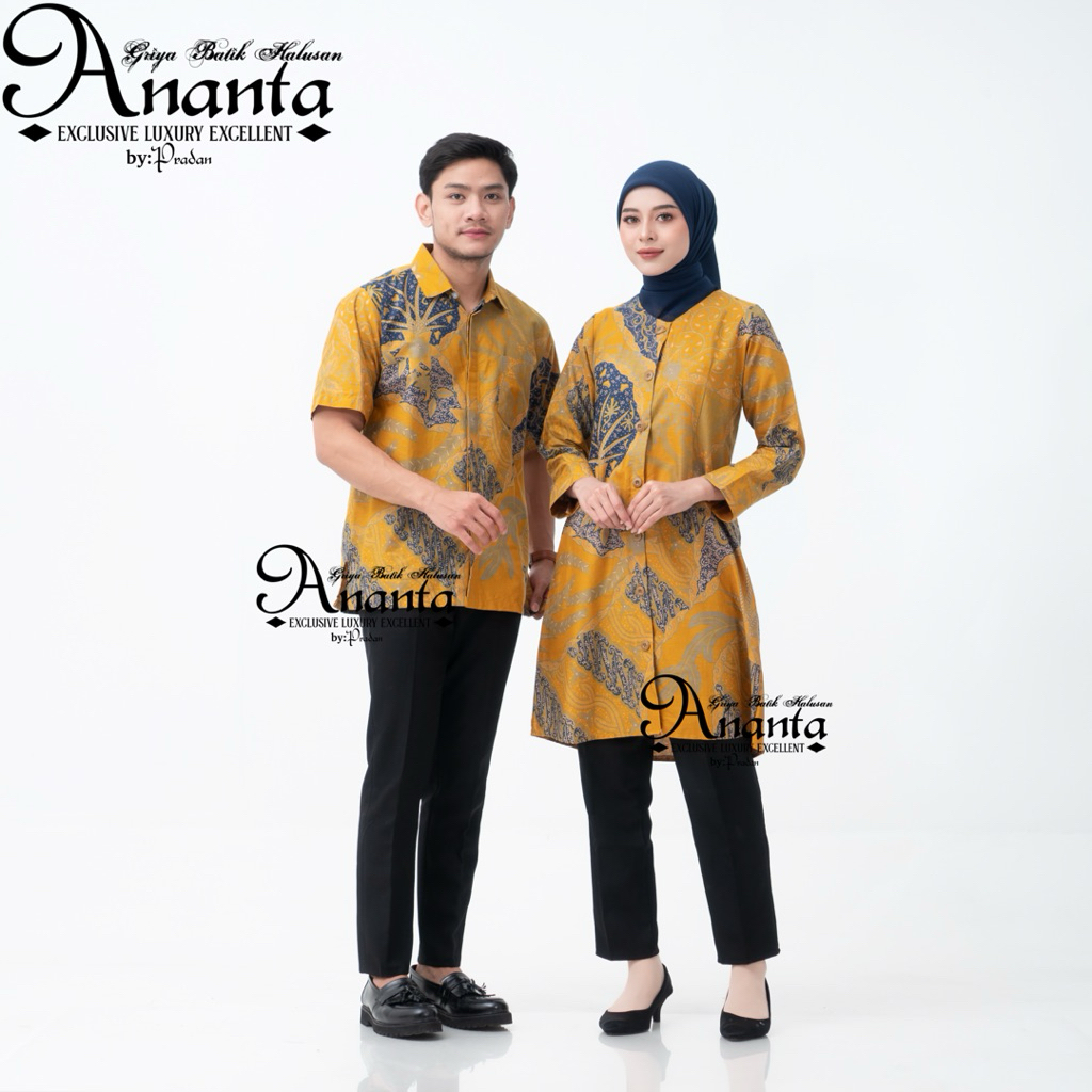 Batik Ananta Couple Sarimbitan Atasan Batik, Hem Batik Pria Dan Tunik Batik Wanita Warna Kuning
