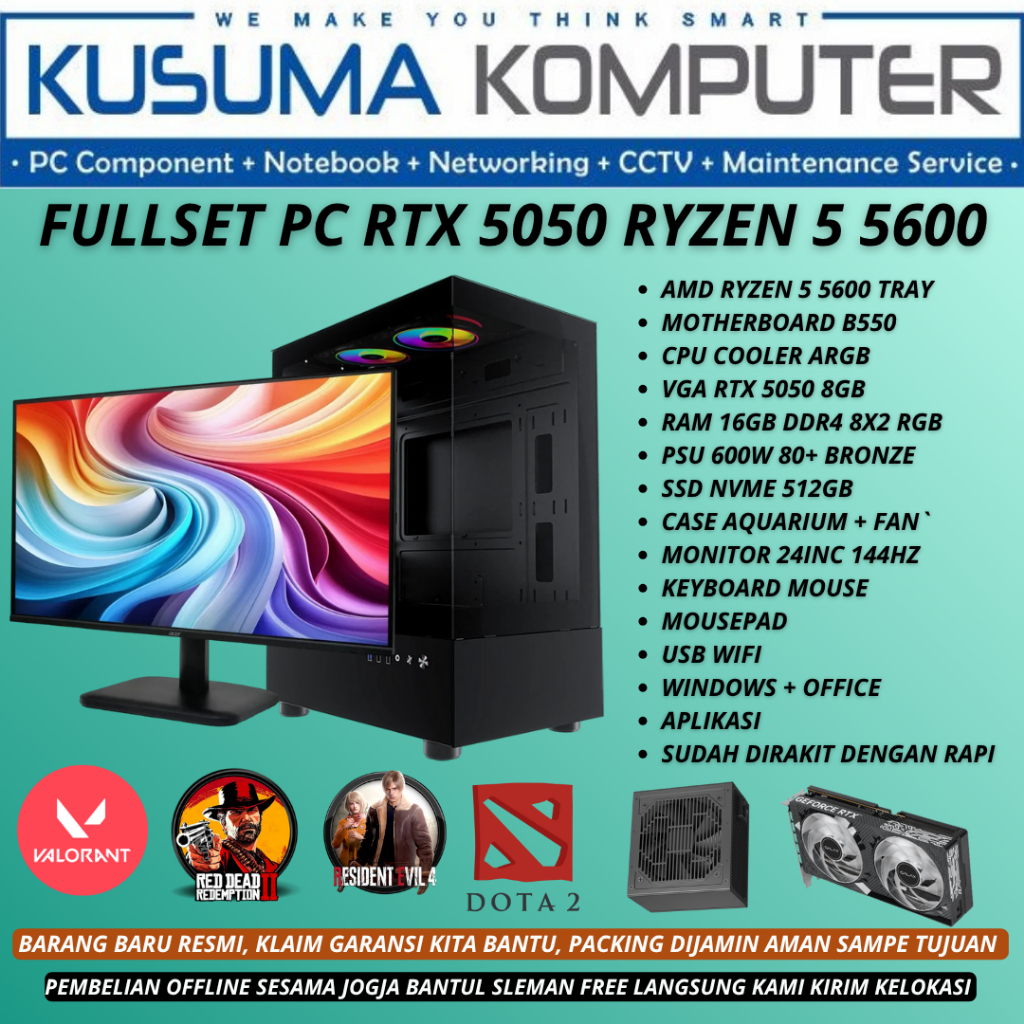 Fullset PC Gaming RTX 5050 AMD Ryzen 5600 Monitor 24" IPS FHD 144Hz