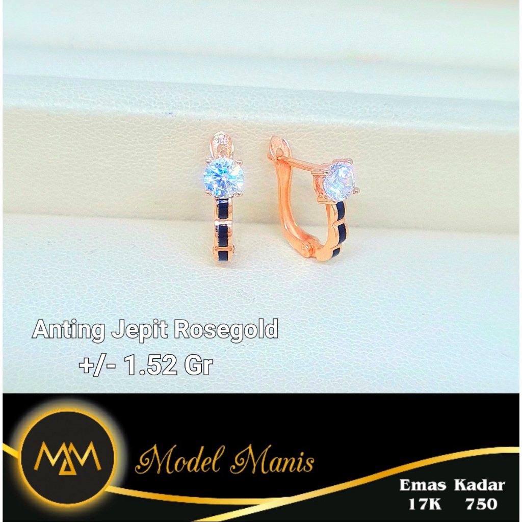 Model Manis Gold - Anting Jepit Solitaire Lis Hitam Rosegold - Emas 17k  750