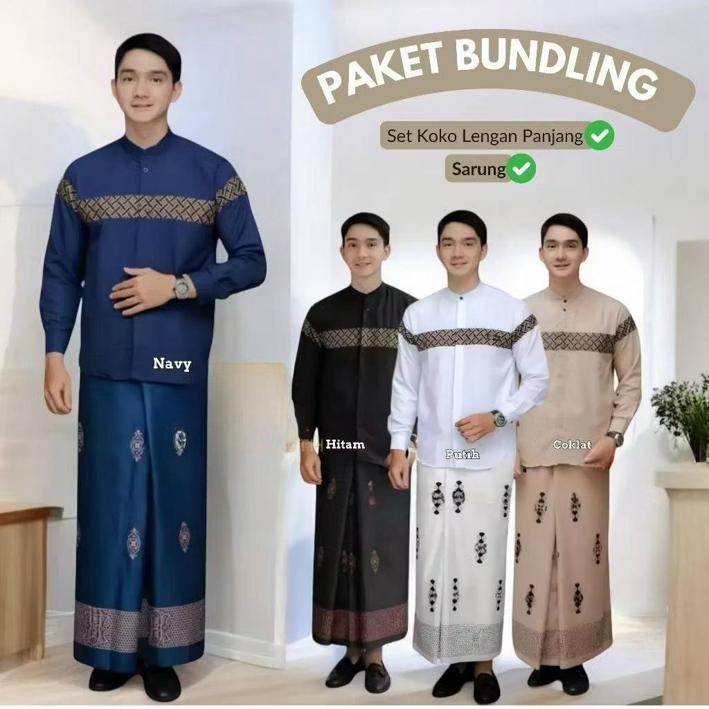 Set Sarko Sarung Dan Koko Pakaian Muslim Paket Bundling Koko Lengan Panjang dan Sarung Baju Lebaran 
