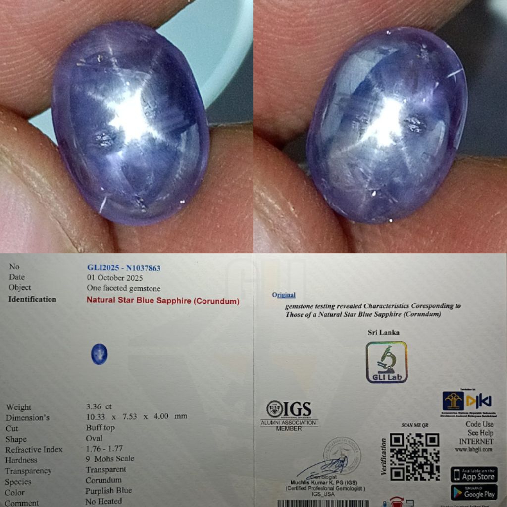 Natural star blue sapphire (corundum) Srilanka / Ceylon No heated sertifikat GLI