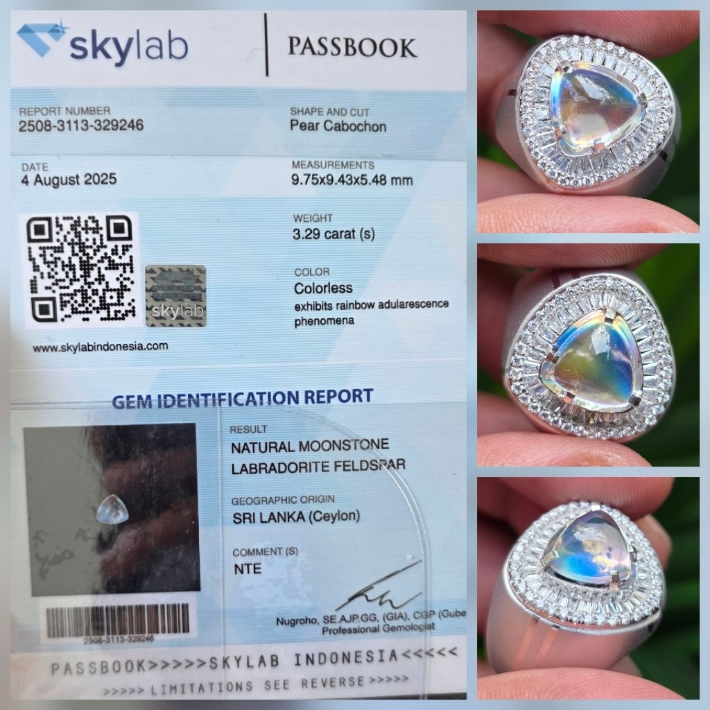 Batu Natural Biduri Bulan Rainbow Moonstone Ceylon Sertifikat 3.29 crt