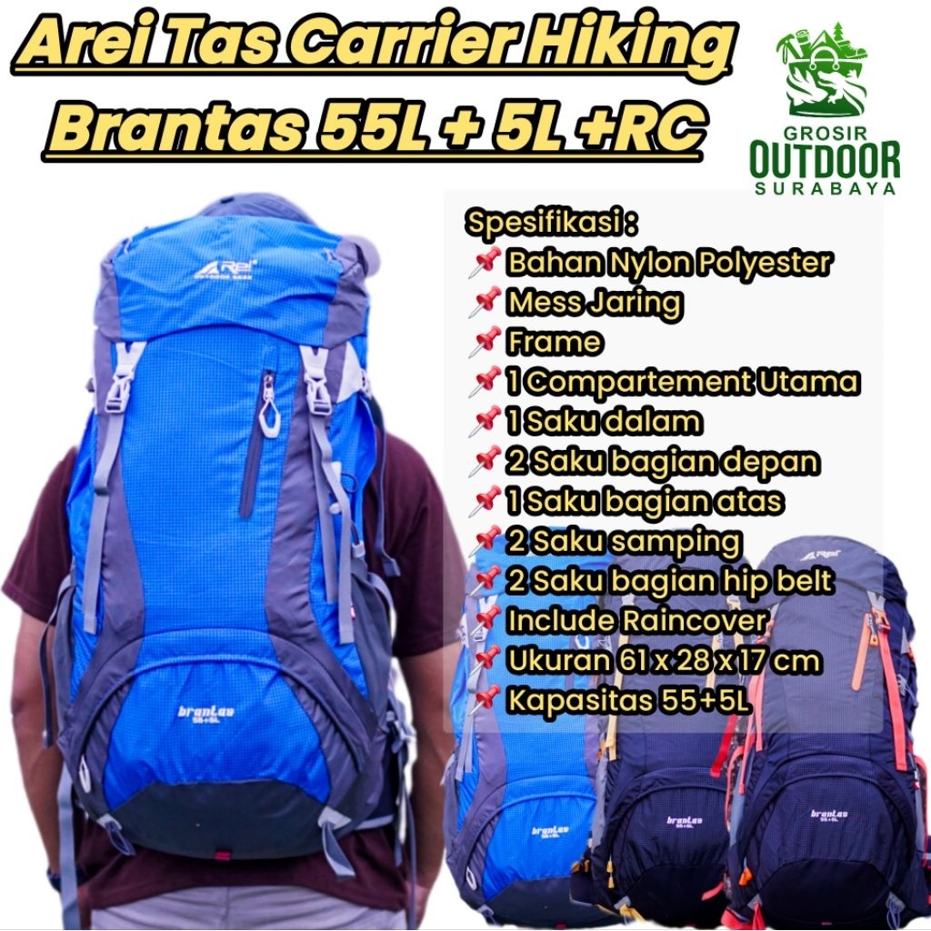 Arei Tas Carrier Hiking Brantas 55L + 5L Include Back Cover