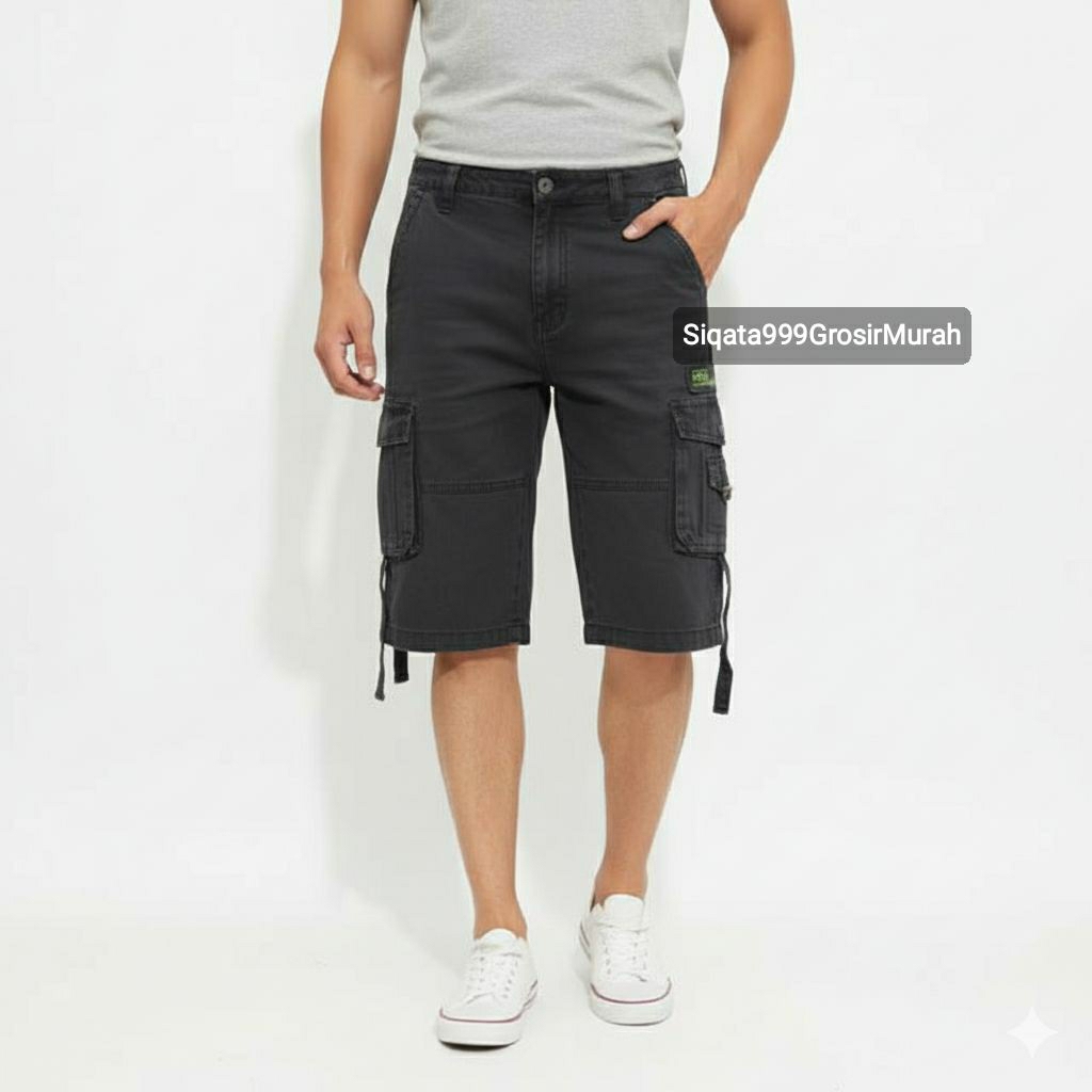 Celana Cargo Denim Pria Pendek 3/4 Kempol Kasual Reguler Fit Jeans Shorts Santai Celana Dkarver