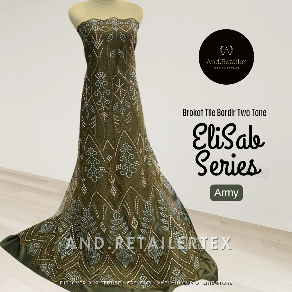 Bahan kain bahan Kebaya Brukat Tile Bordir Elisab 2 toneWarna Hijau Army