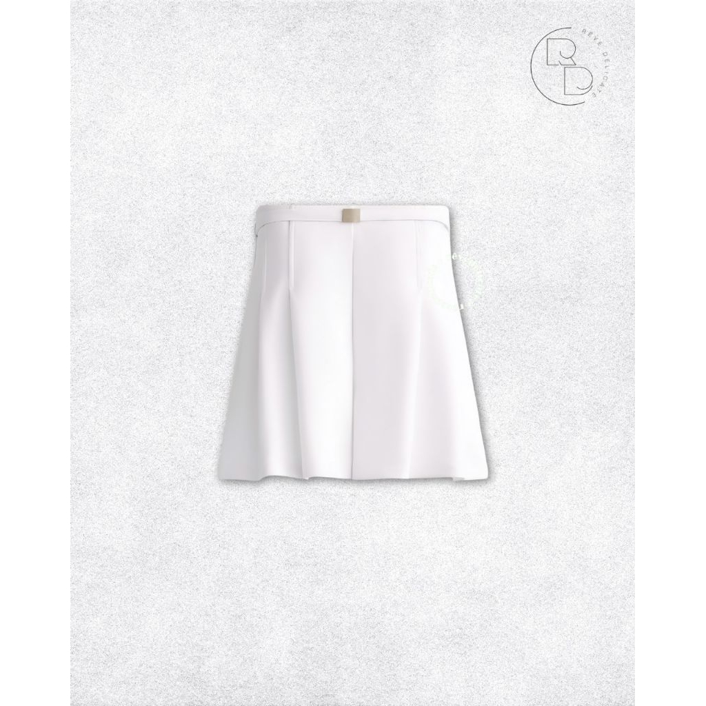 Oysho Rok Wanita Original Size L - White Pleated Mini Skirt dengan Belt Detail Elegan