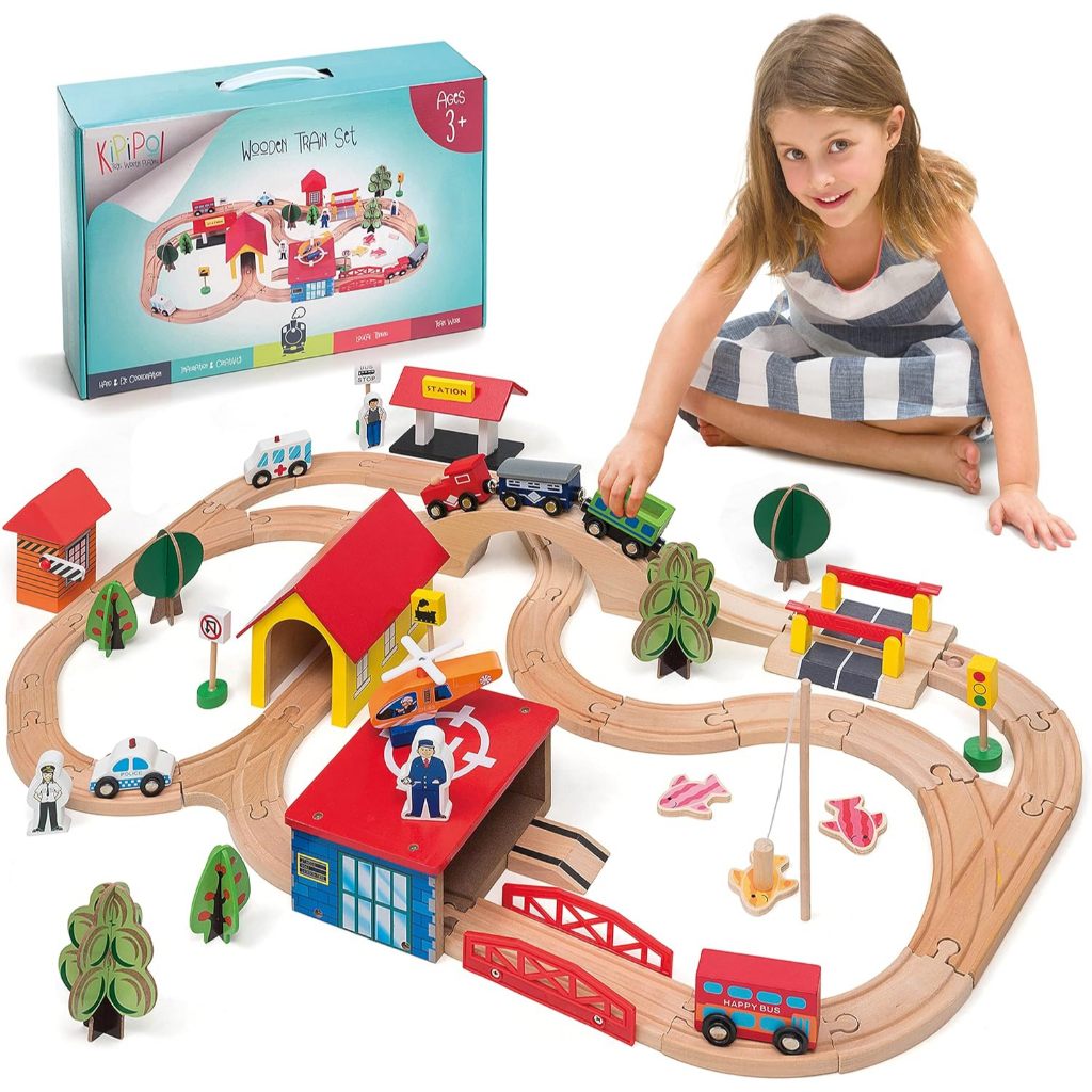 Wooden Train Set - 69 Pieces Wooden Train Tracks & Trains for Kids