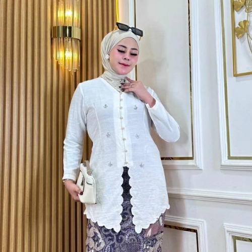 Allea Linen Kebaya Tunik Kancing Bora/Blouse Kombinasi Bordir Payet