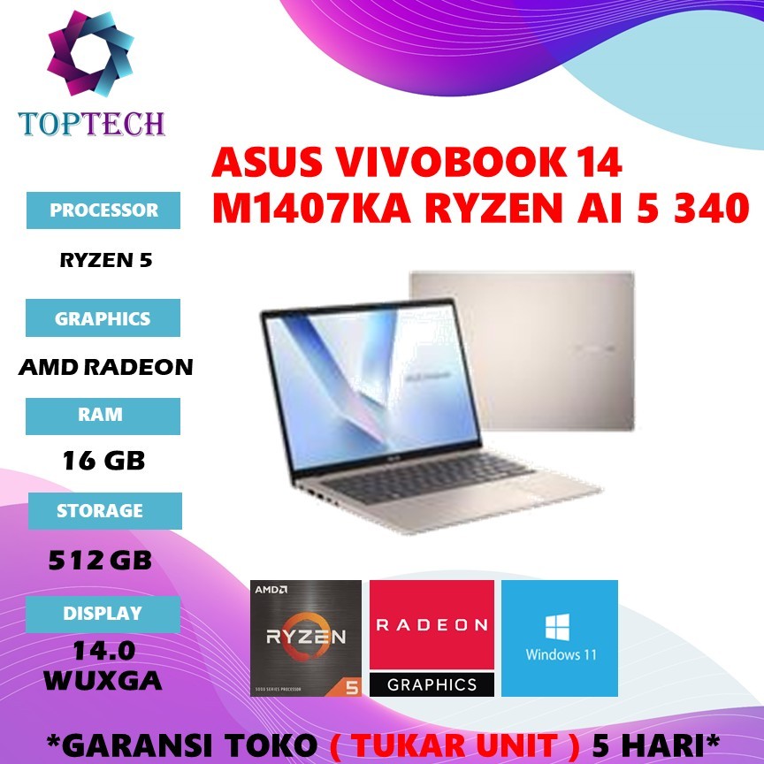 LAPTOP ASUS VIVOBOOK 14 M1407KA RYZEN AI 5 340 RAM 16GB SSD 512GB W11+OHS+M365B 14.0 WUXGA