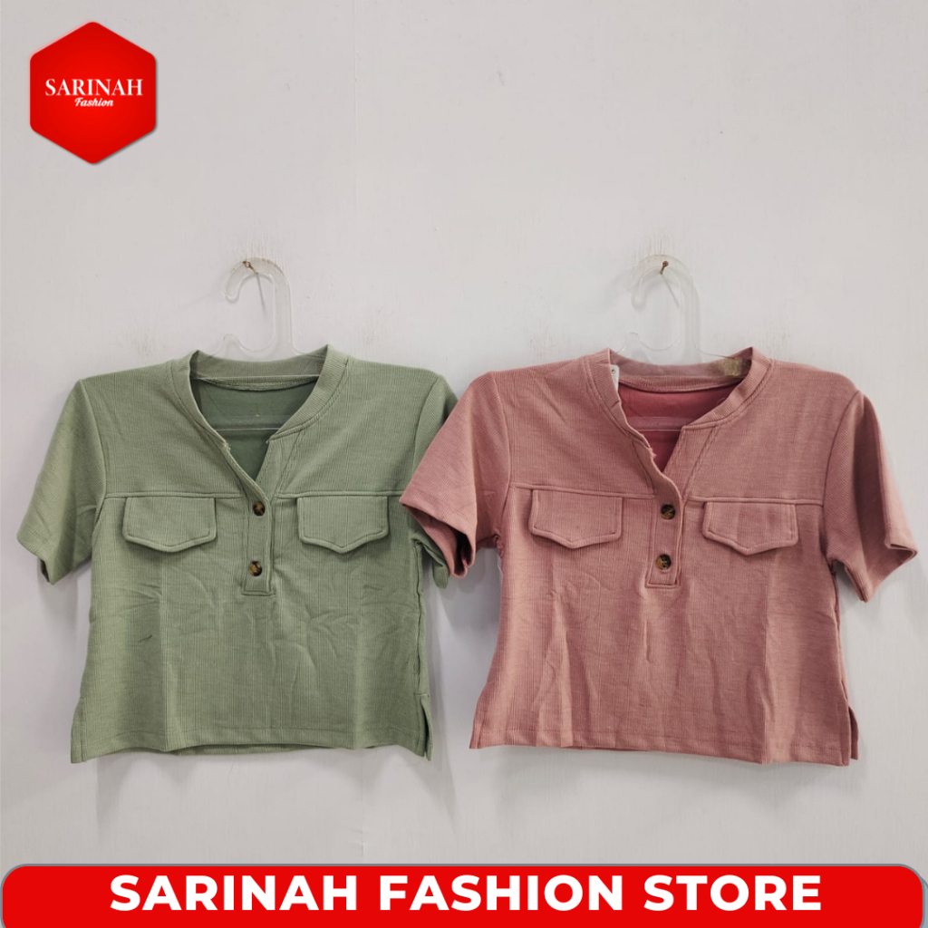 Blus Crop Top Polos Wanita Kancing Depan Lengan Pendek