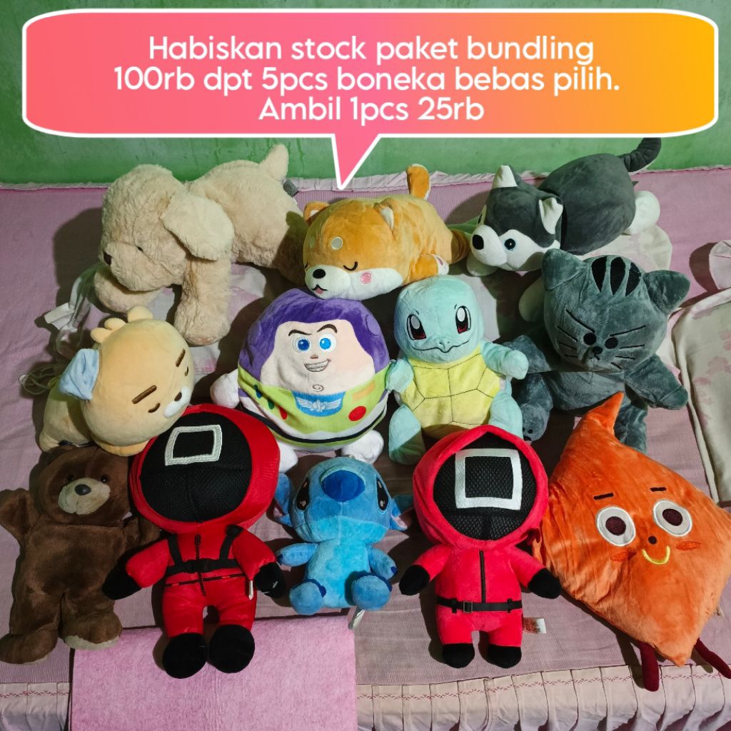 Boneka Thrift import no tag, Stitch, Buzz Toy Story, Squid Game, Pokemon Squirtle, Husky, Ezen Creat