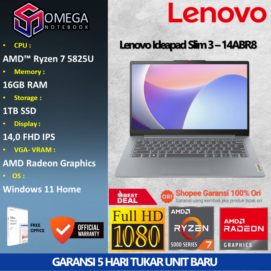 Lenovo Ideapad Slim 3 14ABR8 Ryzen 7 5825U 16GB 1TB 14,0 FHD Windows 11 + Office