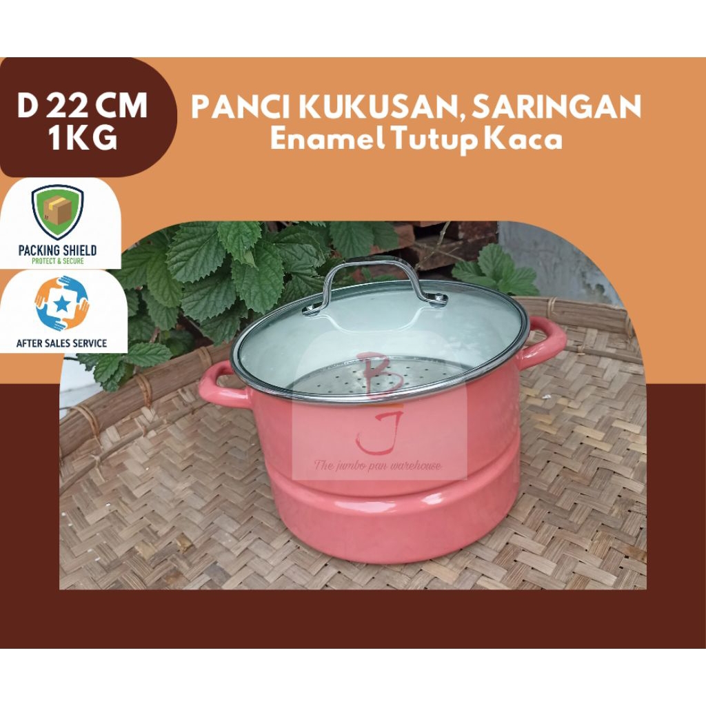 Panci Kukusan Enamel Tebal 22 cm 1 Kg Tutup Kaca Dandang Serbaguna Anti Lengket Tutup Kaca (Packing 
