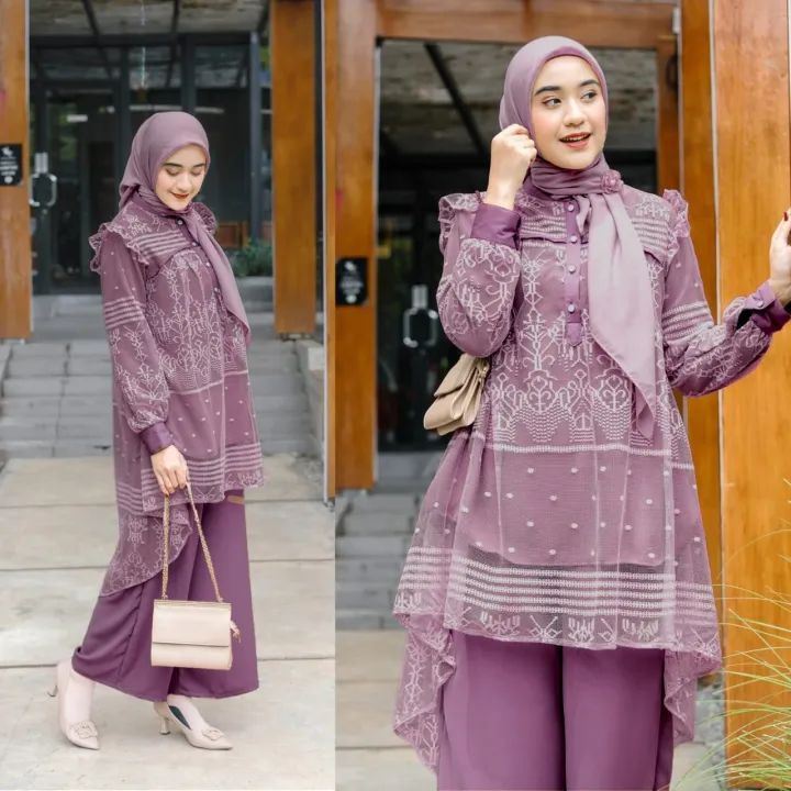 New One Set Tunik Naeva Baju Setelan Wanita Atasan Tunik Brokat Celana Kulot Polos Kekinian