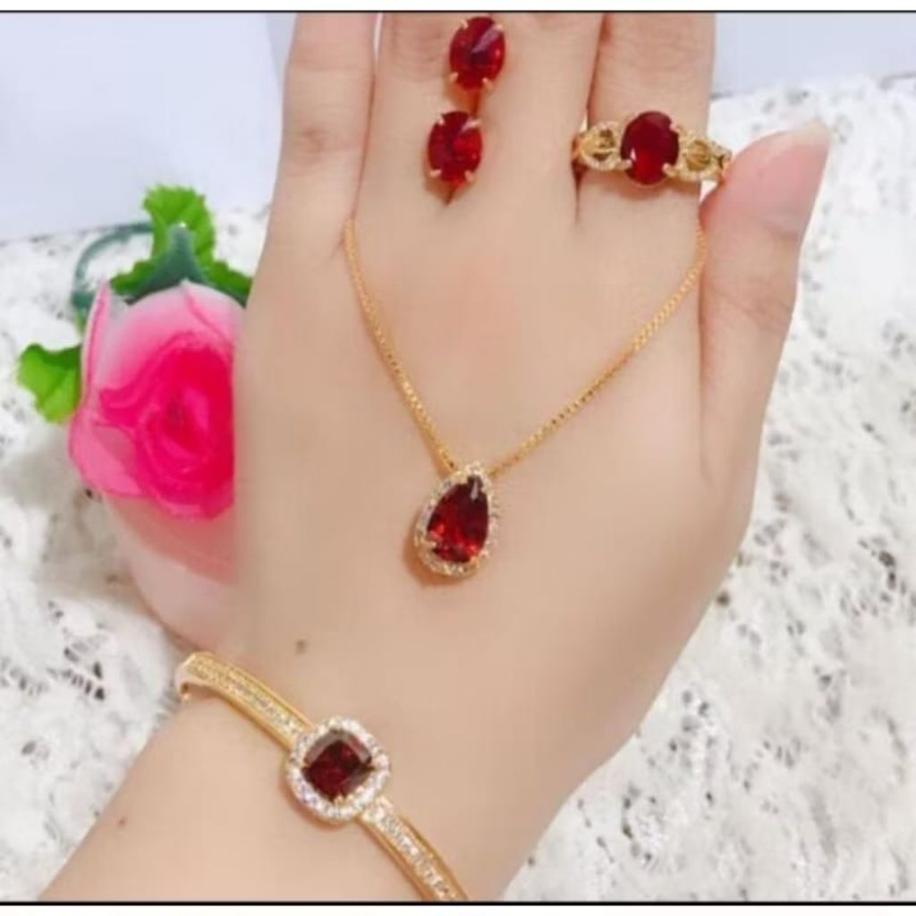 set perhiasan wanita asli batu giok merah titanium