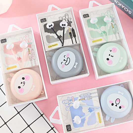 [KIKI-393] Set Headset Earphone Kartun RABBIT Bulat / Wadah Earphone Karakter Kelinci Lucu