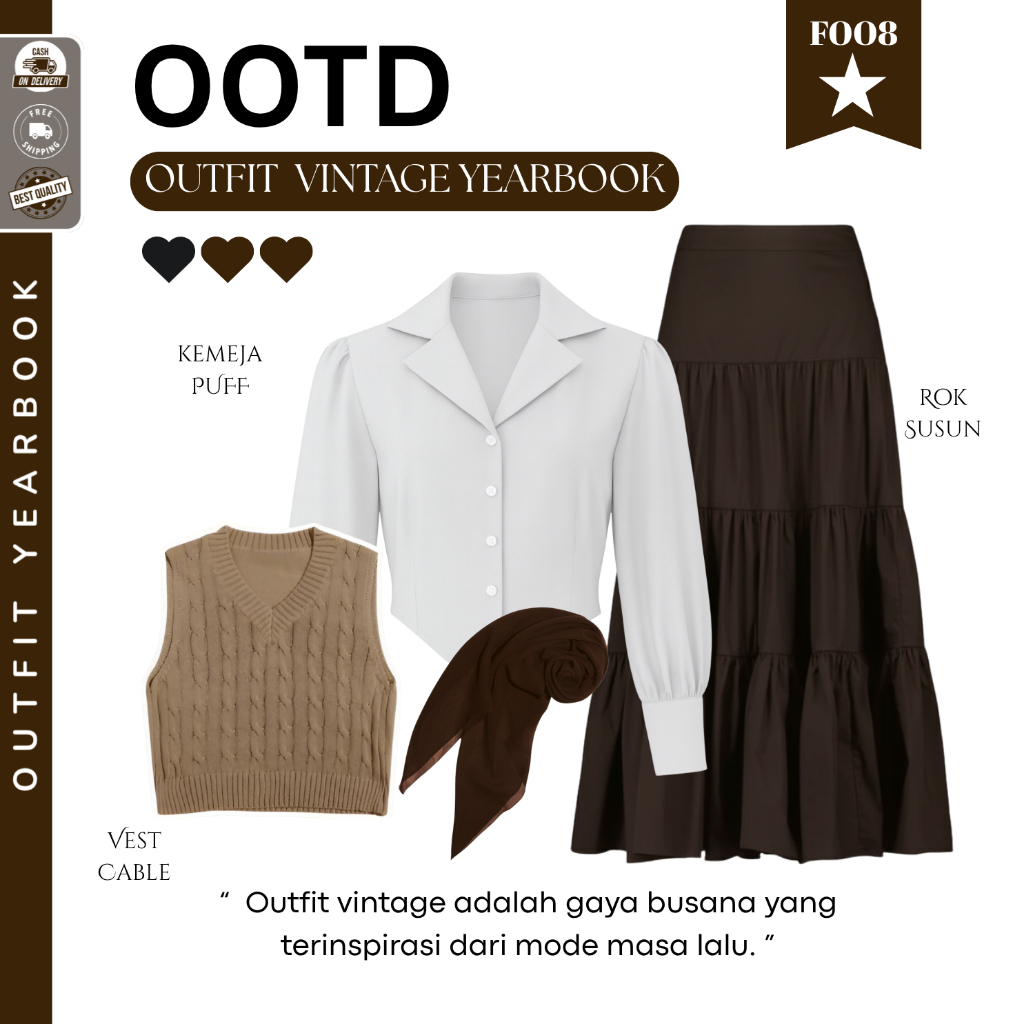 Ootd Yearbook Hijab (Bella Square + Kemeja + Vest+ Rok Susun) OOTD Yearbook Remaja Viral  - FO08