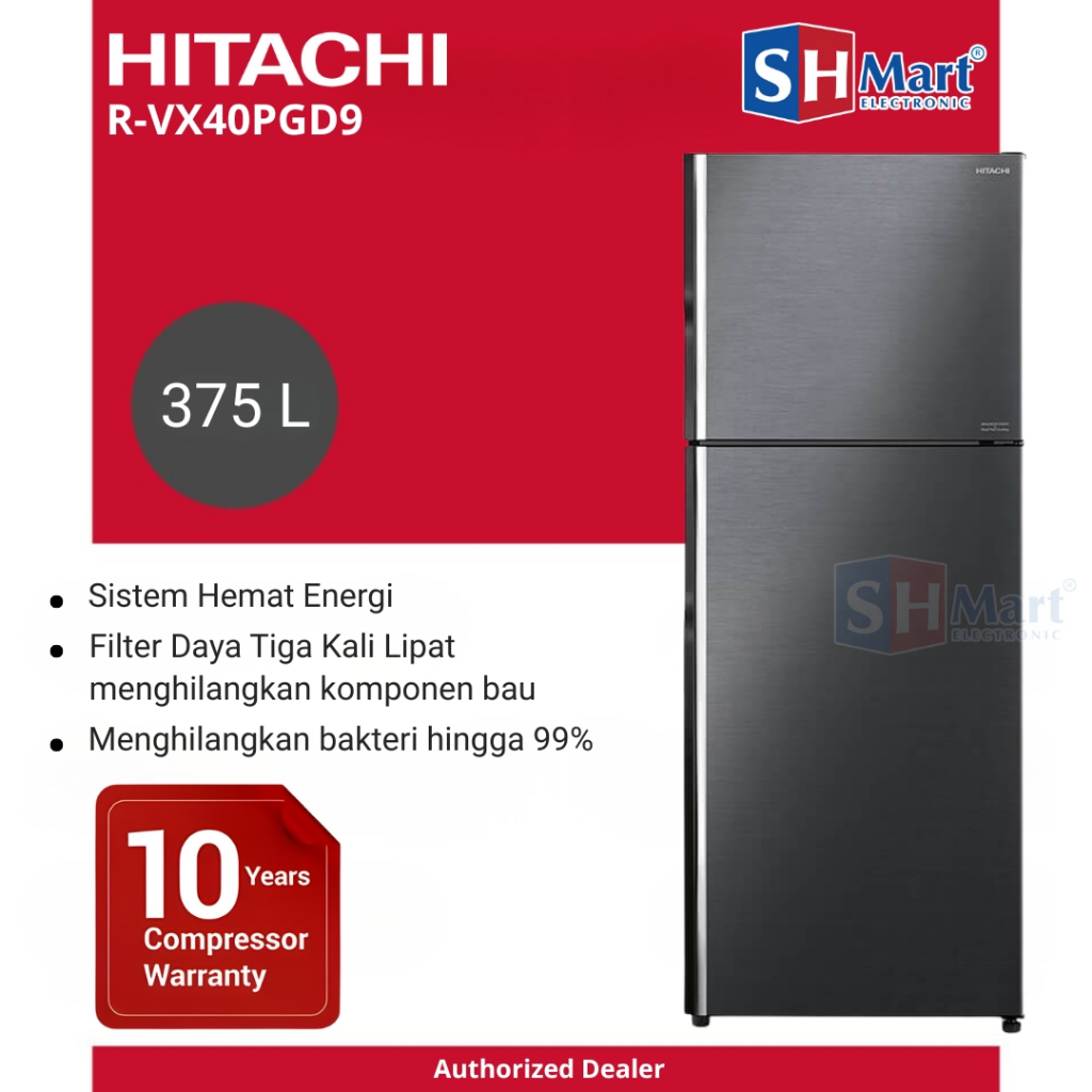 KULKAS 2 PINTU HITACHI KAPASITAS 375 LITER R-VX40PGD9 / RVX40PGD9 INVERTER GARANSI RESMI