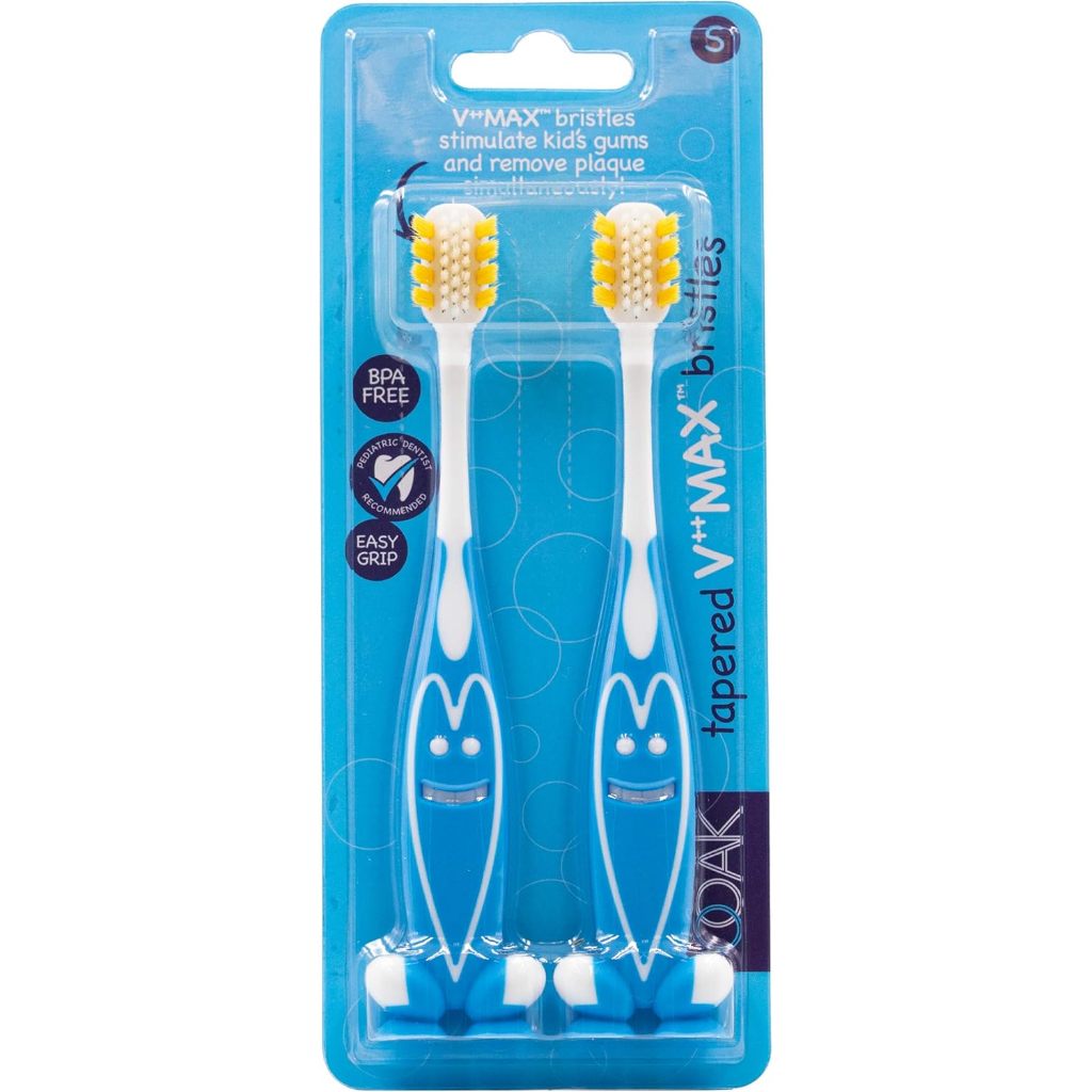 Ooak Kids Toothbrush, Tapered V++Max Bristles, Happy Face, Blue, 2 Count