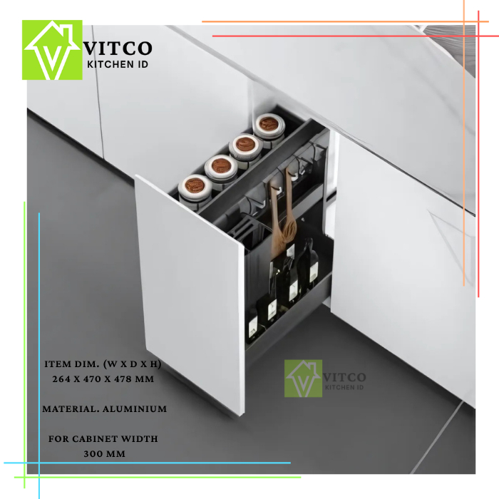 VITCO Multipurpose Aluminium Rack, Soft Close, for cabinet 300 mm / Rak botol serbaguna cabinet bawa