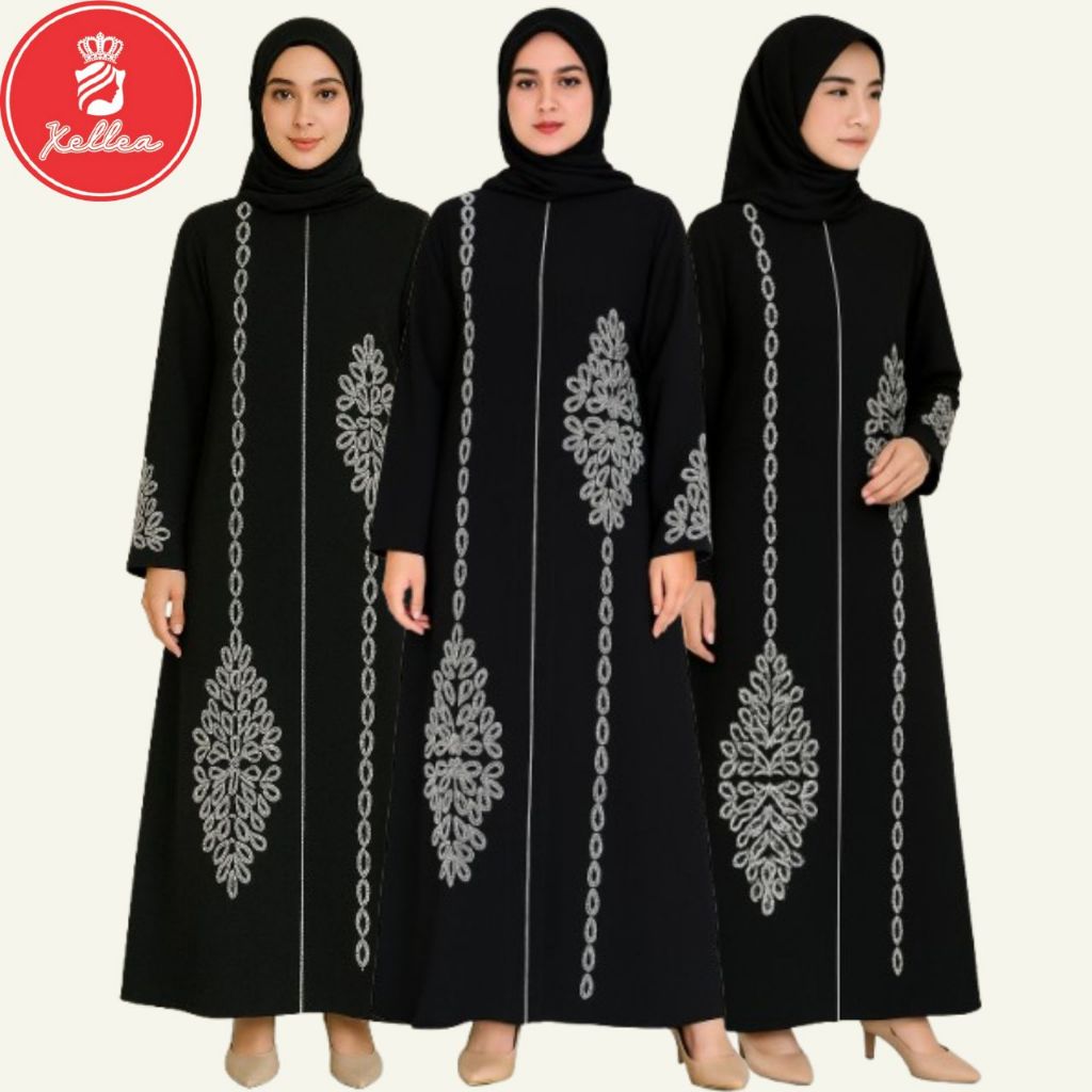 Gamis Abaya Hitam Arab Turkey Jetblack Humairoh Bordir Abaya Lebaran Kombinasi List Putih - XELLEA