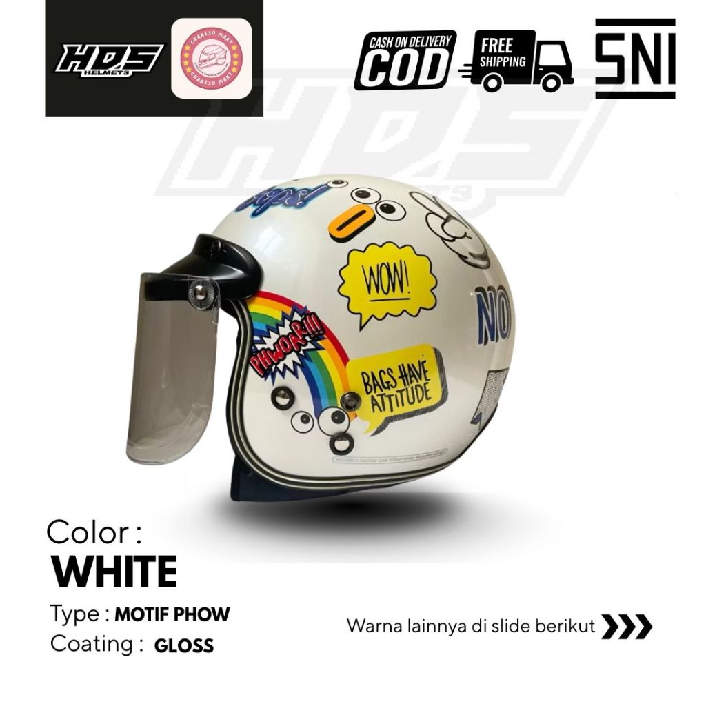 Helm Bogo Dewasa Putih Motif Phow Pria Wanita SNI