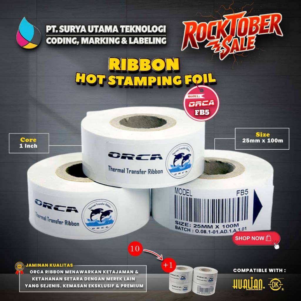 Ribbon Hot Foil Orca FB5 25mm x100m Putih - Tinta Coding Expired Hot Stamping - Putih 25x100