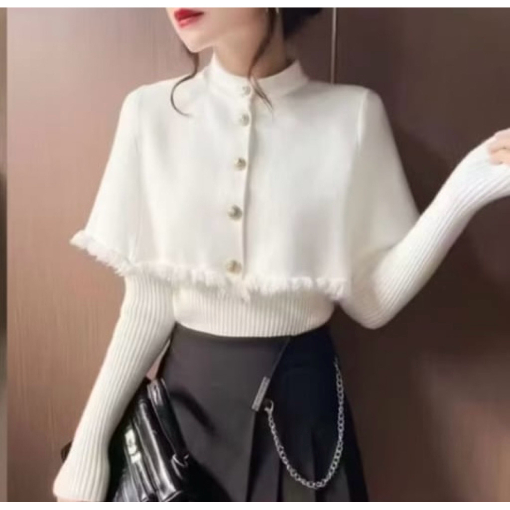 Baju atasan set rumbai rajut putih