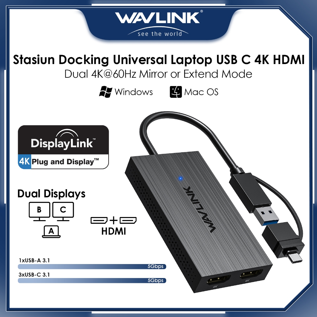 WAVLINK USB 3.1/USB C to Dual HDMI Adapter, DisplayLink Dual 4K@60Hz untuk Monitor Hub, Kompatibel d