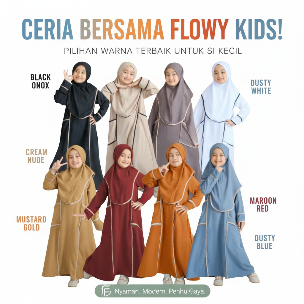 Gamis Abaya Anak Perempuan Flowy Kids - Setelan Muslimah baju Seragam Mengaji Modern Nyaman di pakai