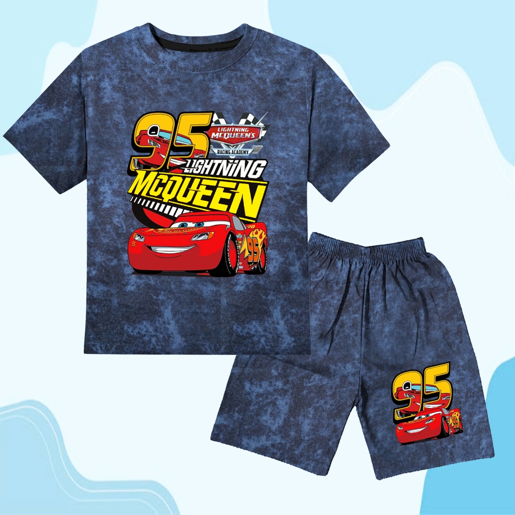 Baju setelan denim jeans stelan set kaos anak cowok cewek laki laki perempuan unisex mc queen cars 2