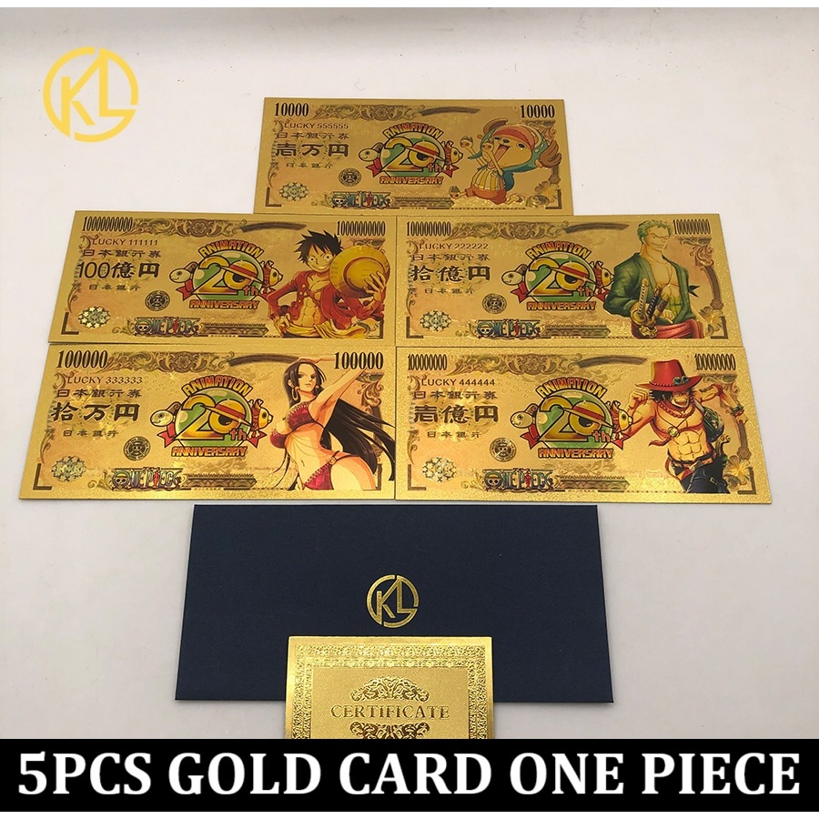 1SET 5 PCS LEMBAR GOLD CARD ONE PIECE PREMIUM Limited edition 20th anniversary kartu warna emas kole