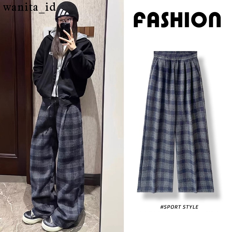[ wanita_id ] Celana Kain Wanita Motif Kotak-kotak Celana Gaya Santai Celana Panjang Wanita Jumbo