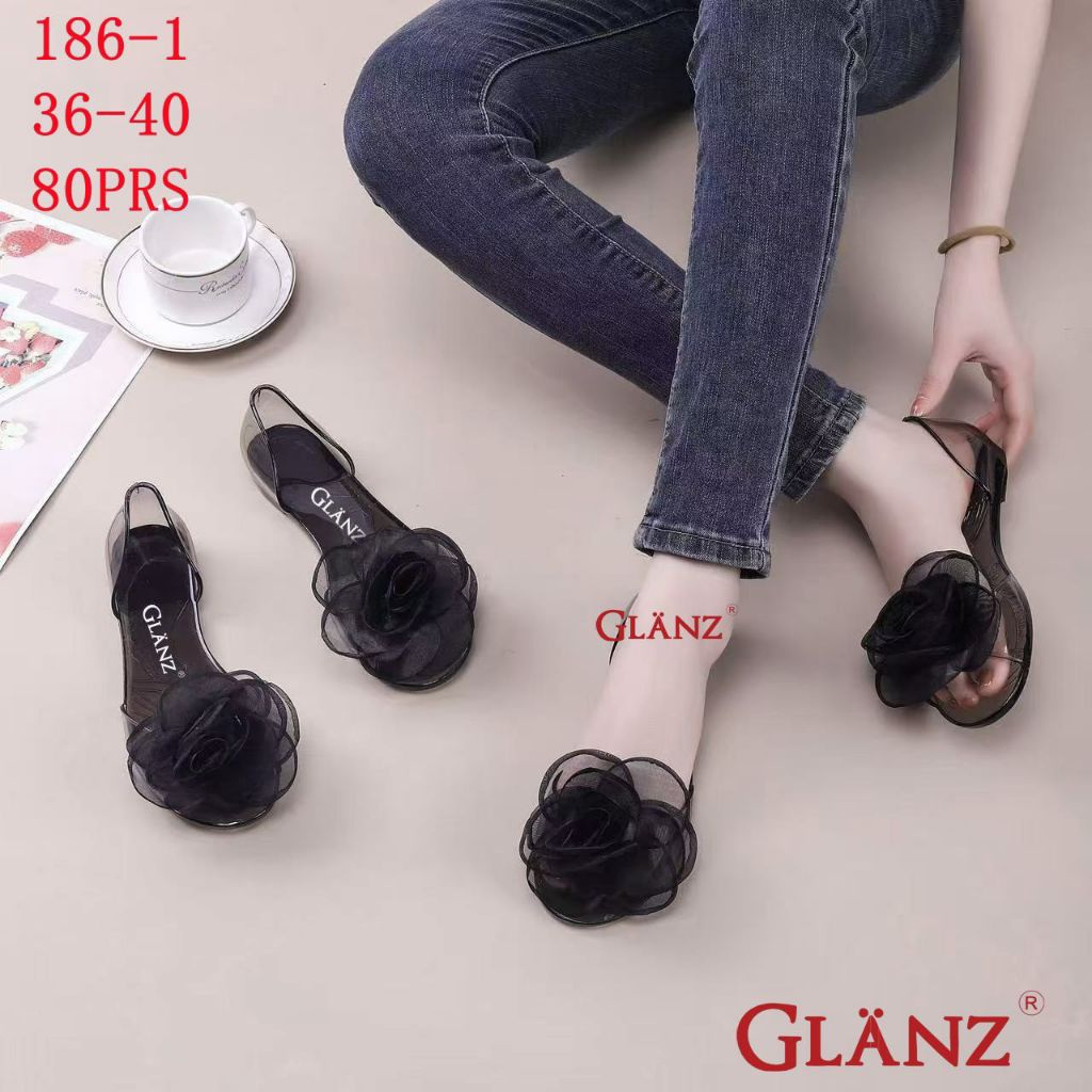 Flatshoes jelly wanita bening, sepatu jelly bening kaca motif bunga nyaman anti slip 186 bunga