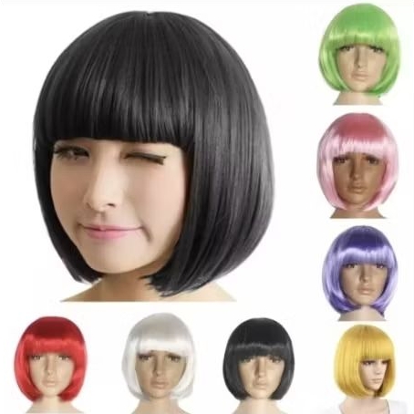 Wig Bob Pendek Lurus Wanita, Rambut Wig wanit eropa kimia, Rambut pendek poni, Rambut wig wanita