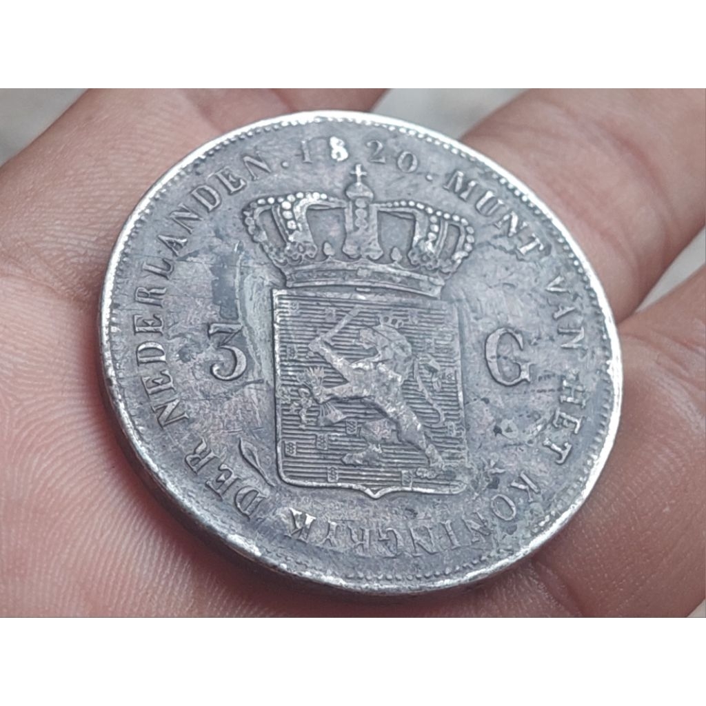 koin perak 3 gulden willem 1 tahun 1820.