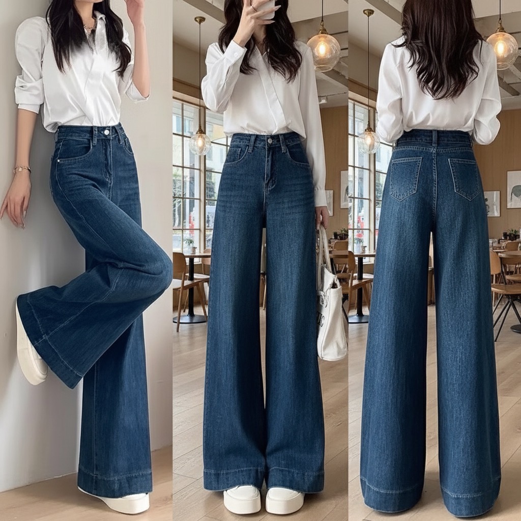 Celana Jeans Wanita Baggy Oversize Loose High Waist Wide Leg Korean Look Kekinian biru retro