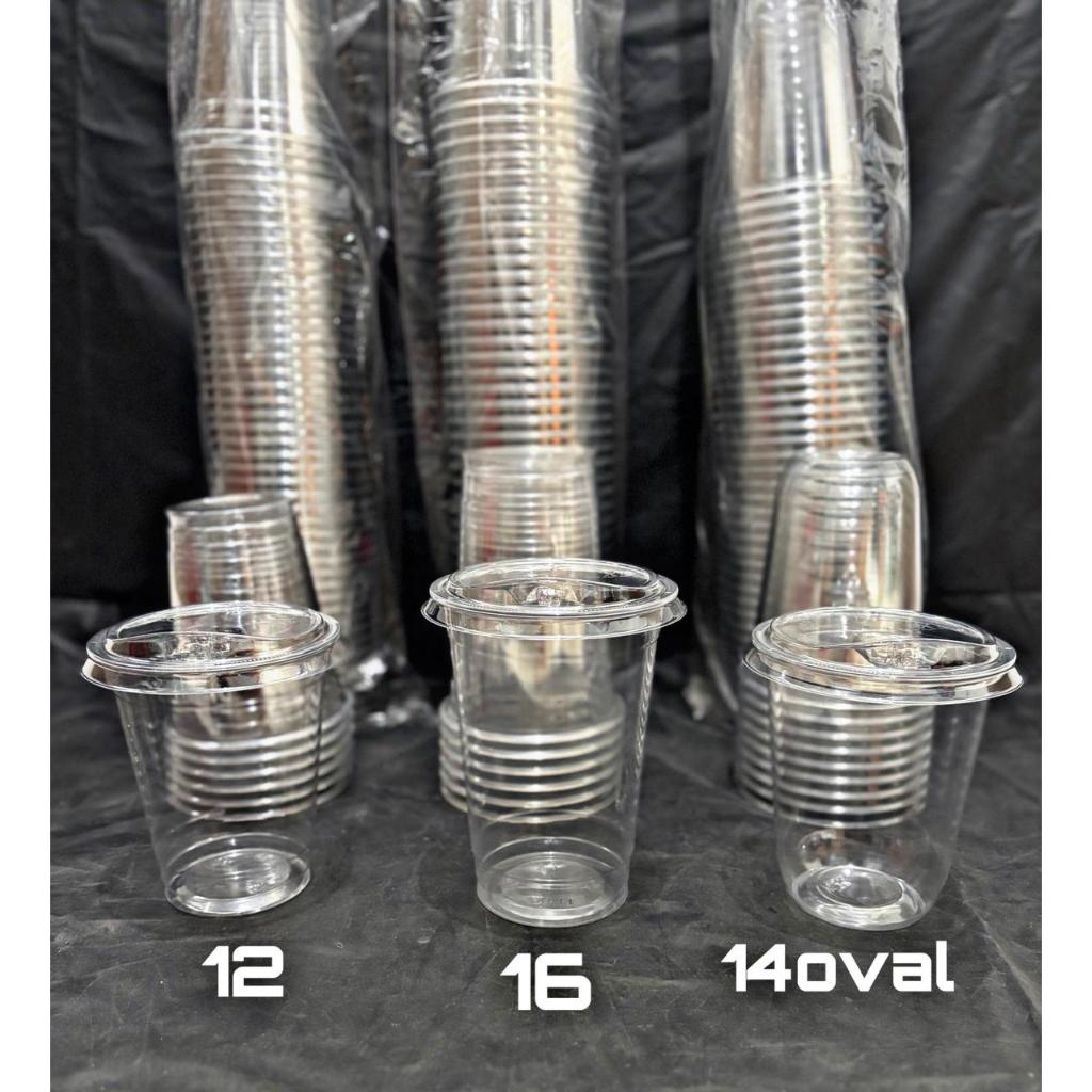 Gelas Plastik PET 12oz, 14oz Oval, 16oz SJP + Lid Premium Tebal TERMURAH