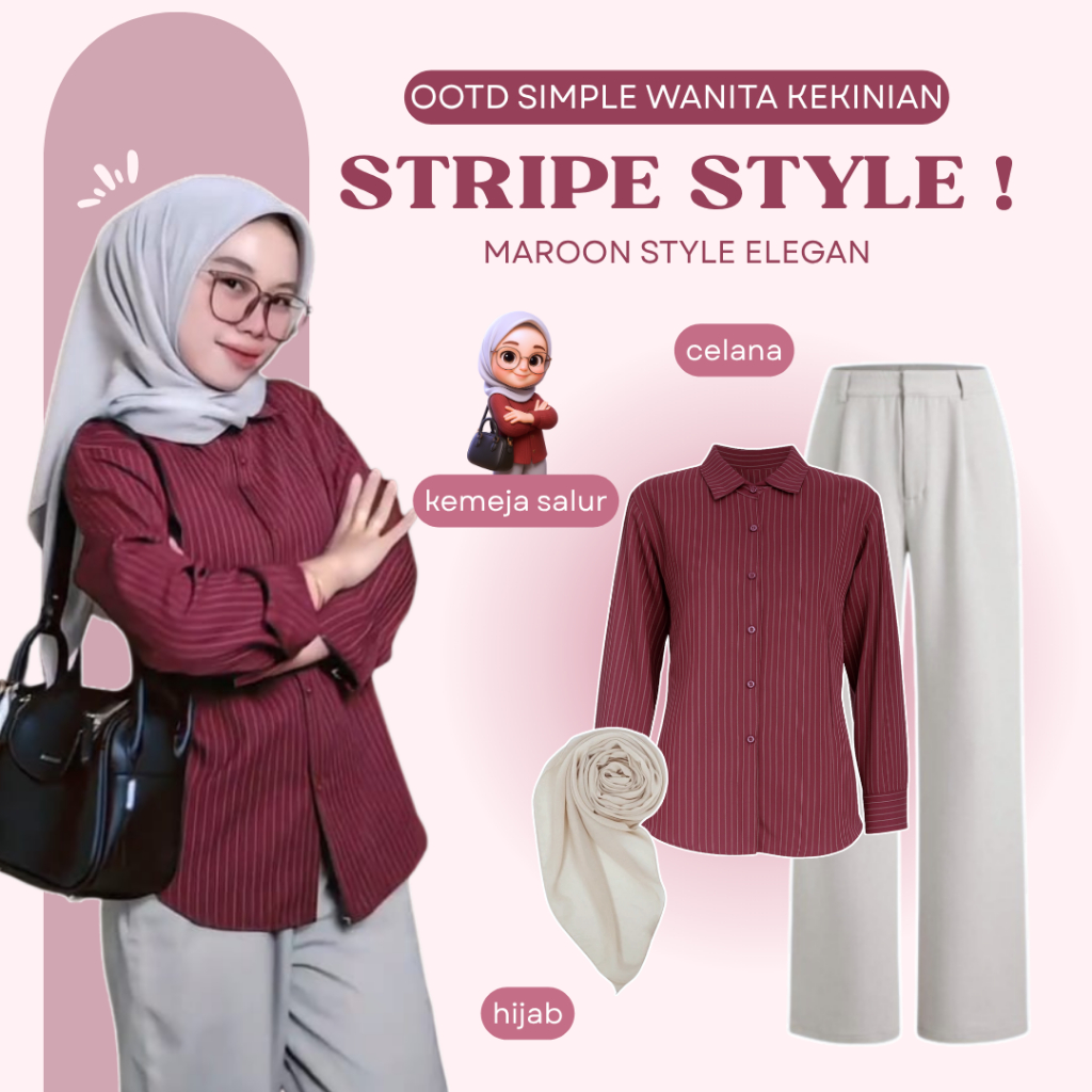 One Set Casual Style | Kemeja Fitted + Celana Ivory + Hijab Bella | Satu Set Outfit Wanita - AM178N