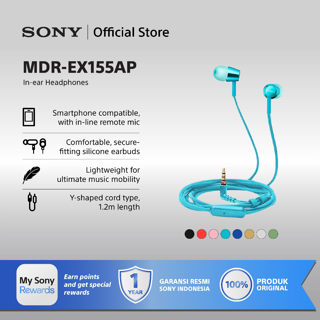Earphone Sony MDR-EX155AP Wire Headset With Microphone - Light Blue SONY Earphone Original