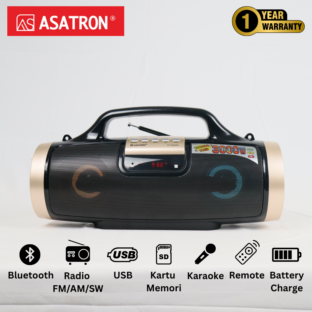 Asatron R-1725 UKM Speaker Karaoke Bluetooth Radio FM + Bonus 1 Buah Lampu LED Sikat USB