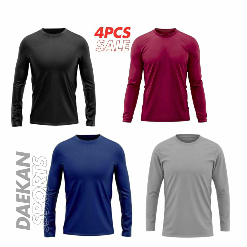 paket hemat 4 pcs kaos manset baselayer Olahraga lengan panjang LEHER PENDEK POLOS (tanpa logo) gym