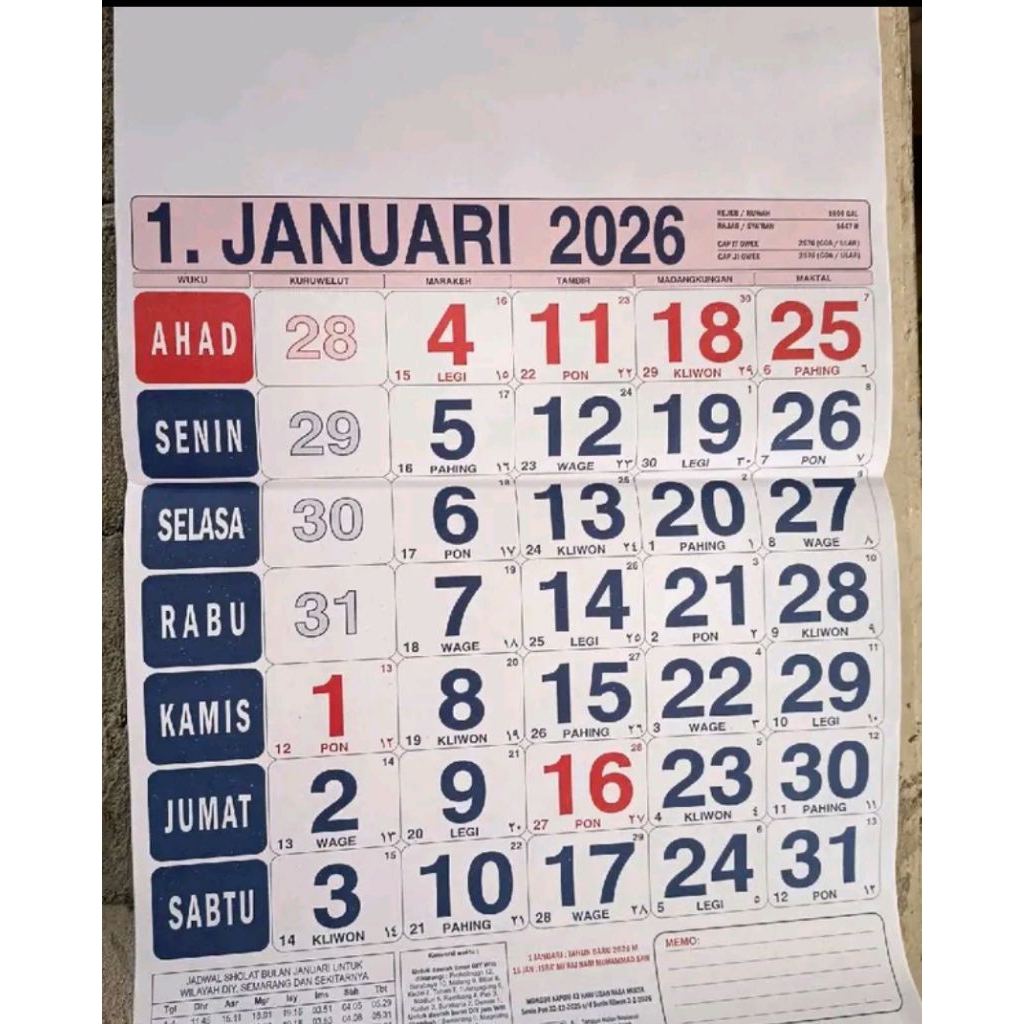 Kalender jumbo warna 2026 kalender dinding almanak 2026