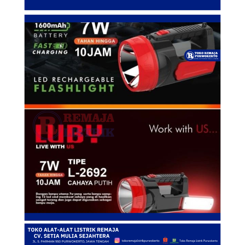 Senter Tenteng Emergency Luby 7W + 12 LED SMD Baterai Lithium 10 Jam L-2692 Cahaya Putih Luby