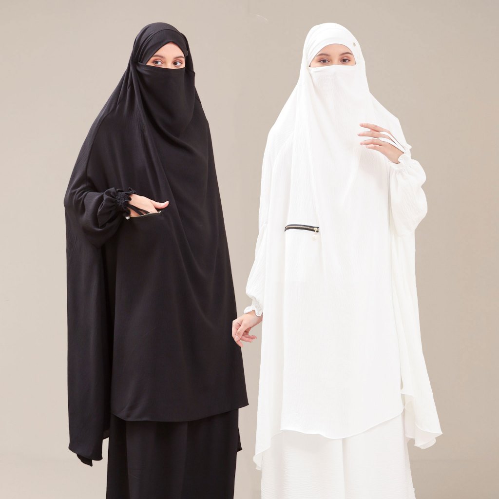 Set Gamis Syar'i Khimar French GIANNA Umroh Haji Premium Bahan Crinkle Airflow Warna Putih Hitam Ter