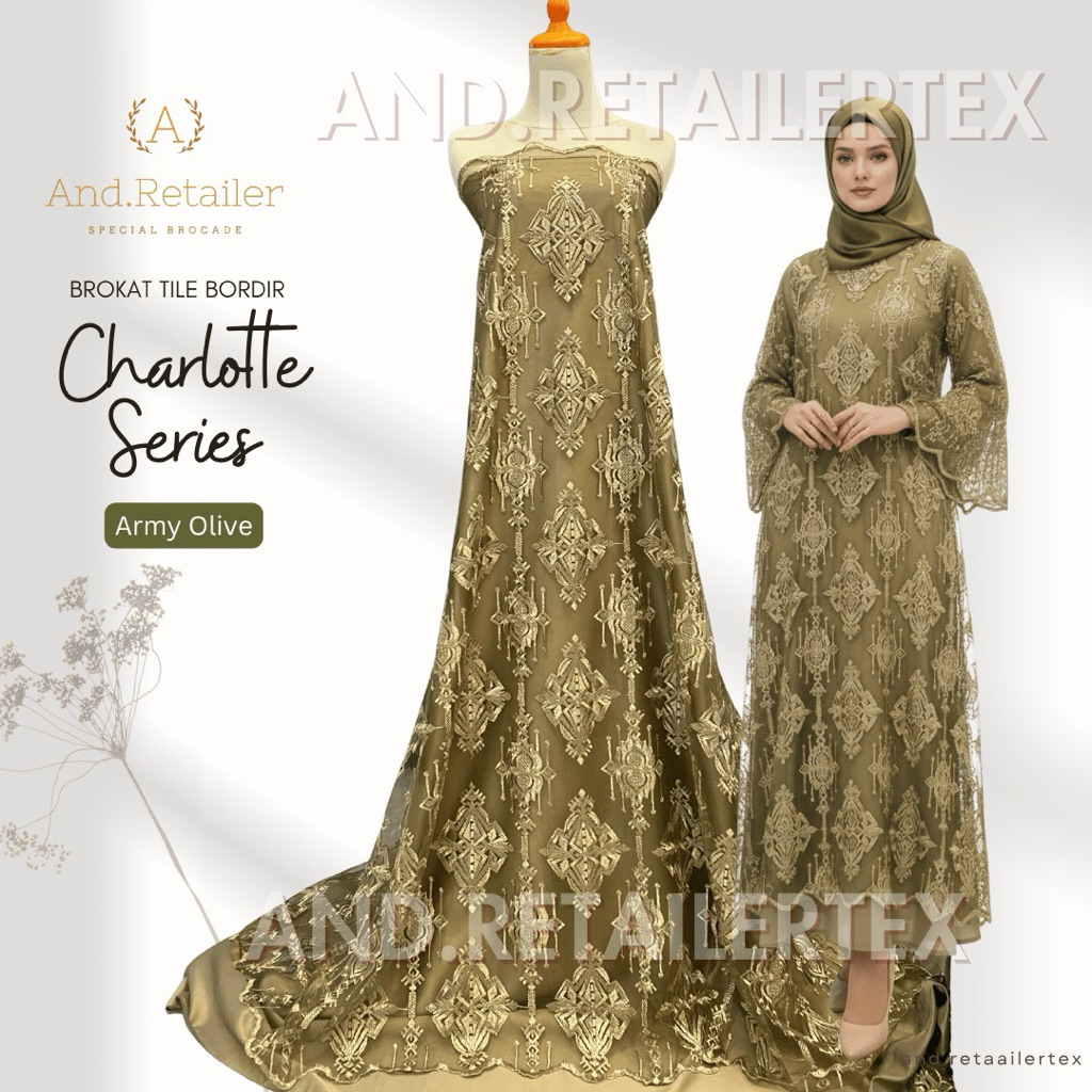 Bahan Kain Brokat Tile Charlotte Warna Army Semi Olive