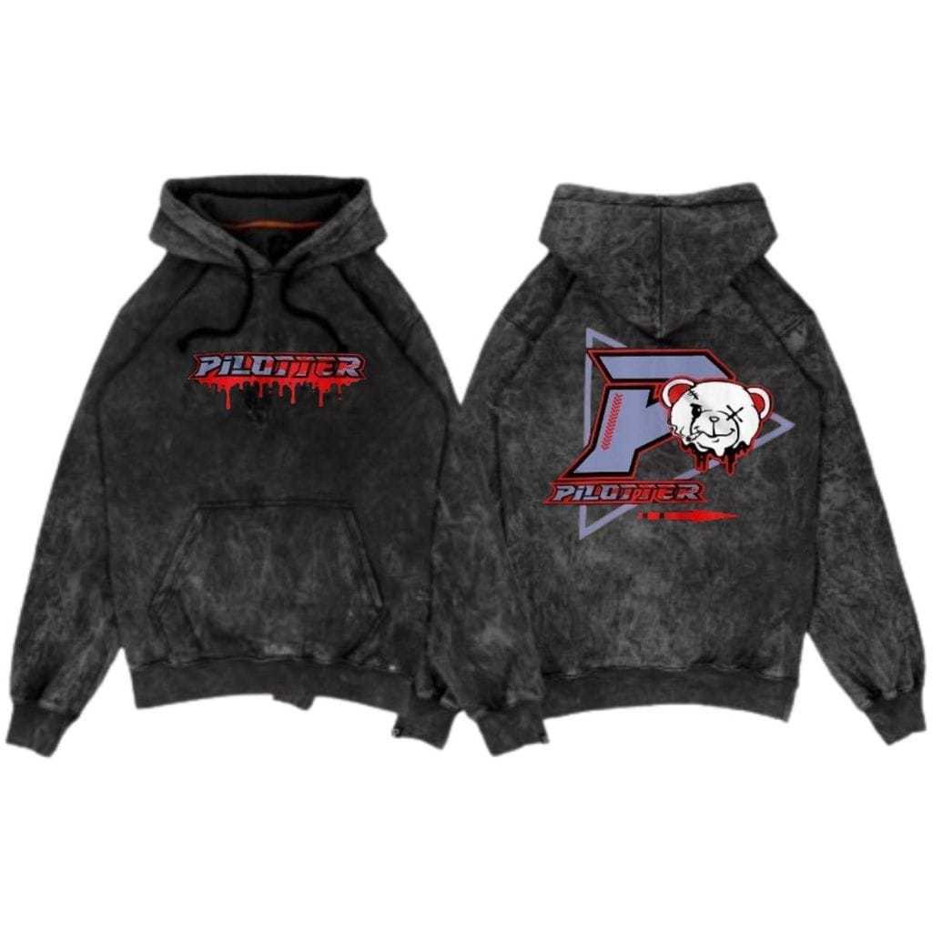 Sweater Hoodie ANAK RACING PILOTER PANDA GAUL Washed Original Black Wash Katun Plecce Tebal M.L.XL.X