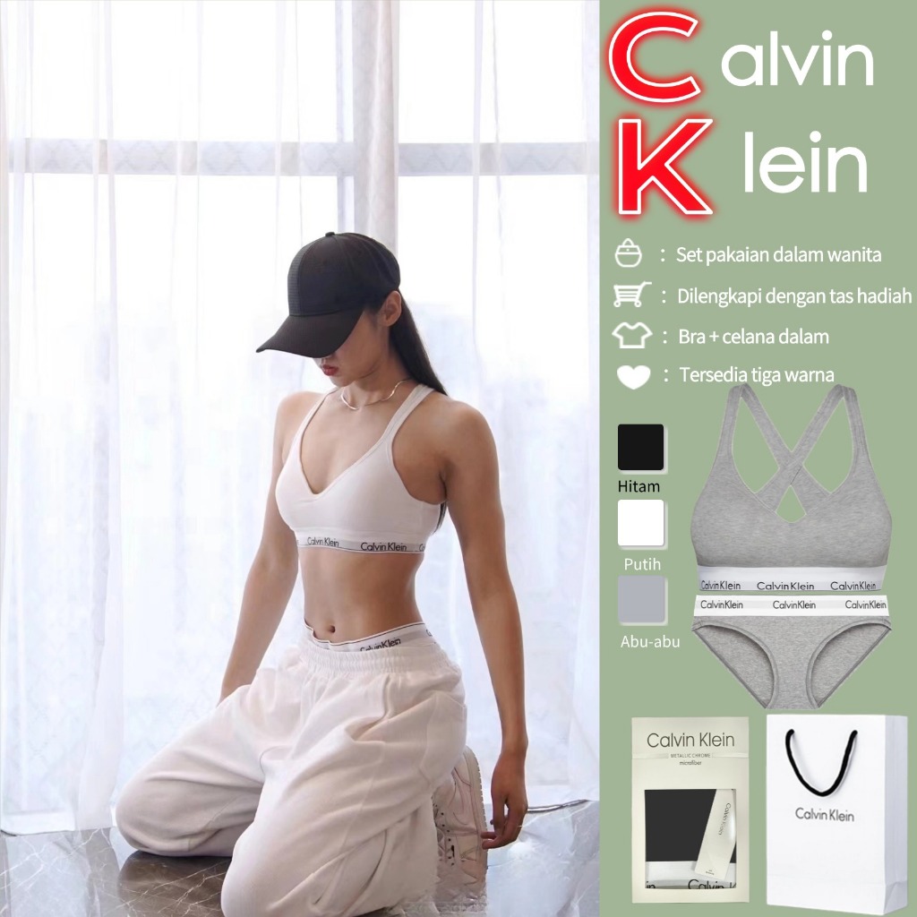 Set Bra Wanita Calvin Klein Original-Tanpa Kawat Push-Up Set Olahraga Nyaman-Pakaian dalam katun lem